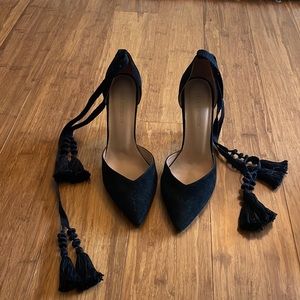 Ulla Johnson Black Suede Heels sz 38 with ankle wrap tassels